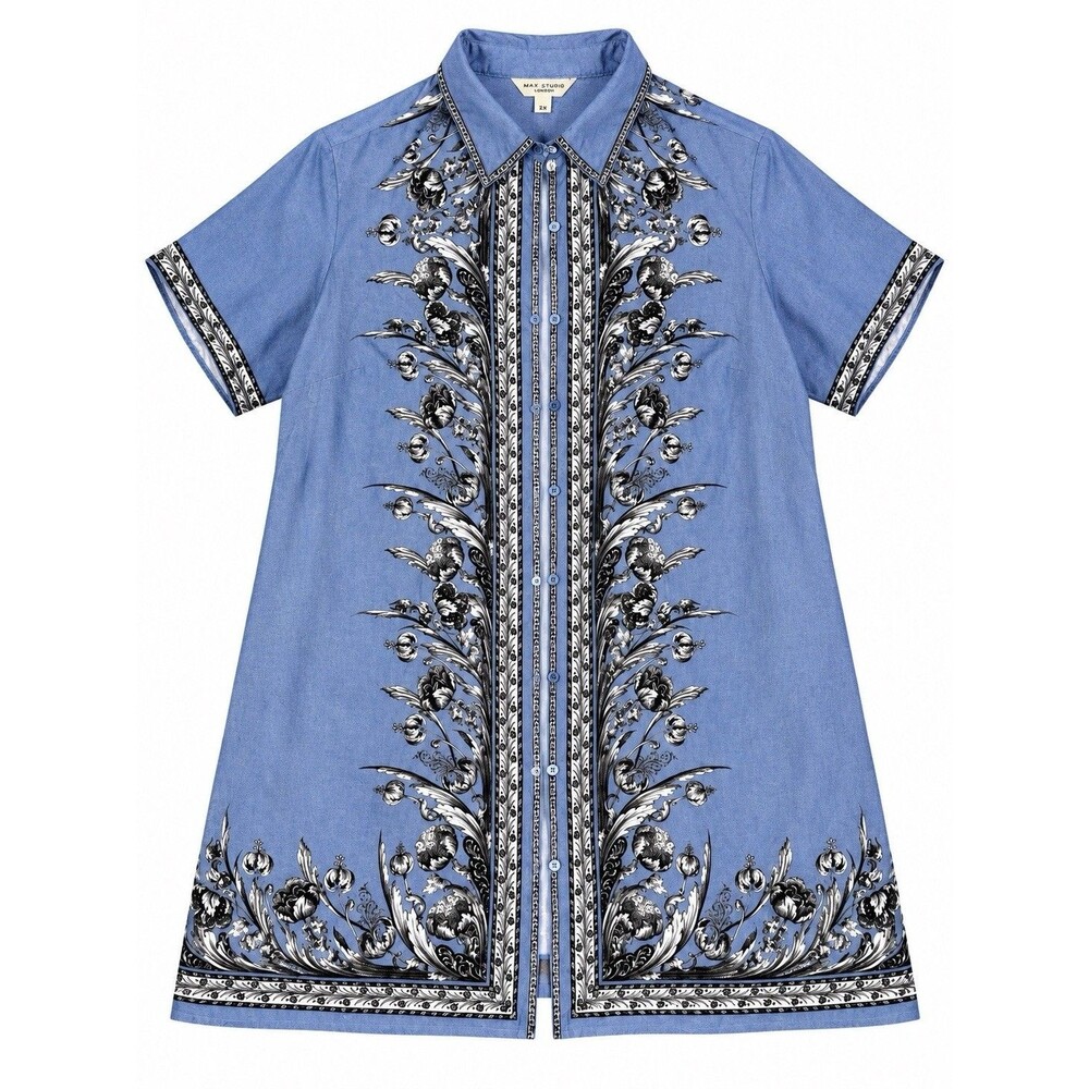 Max Studio London 2X Blue Linen Rayon Baroque Floral Border Print Tunic Shirt